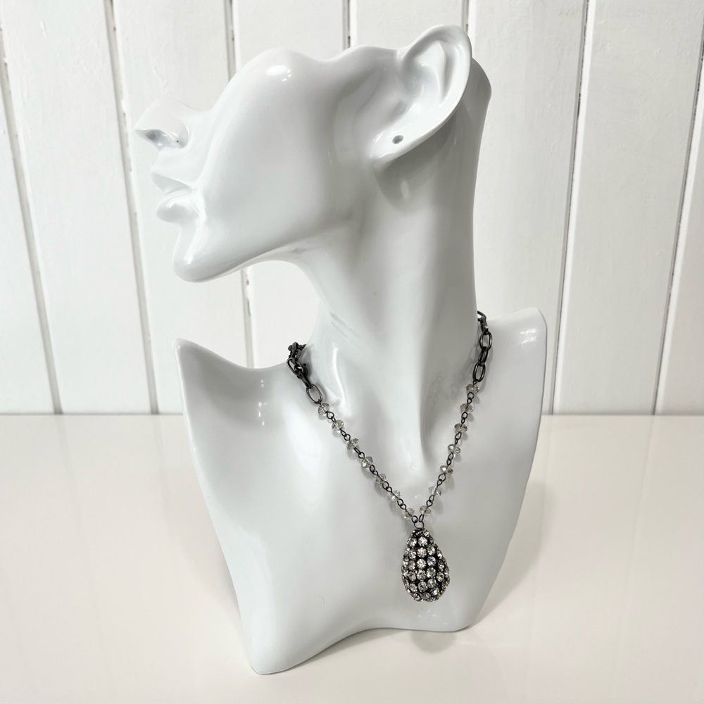 Rhinestone Pewter Teardrop Pendant Necklace